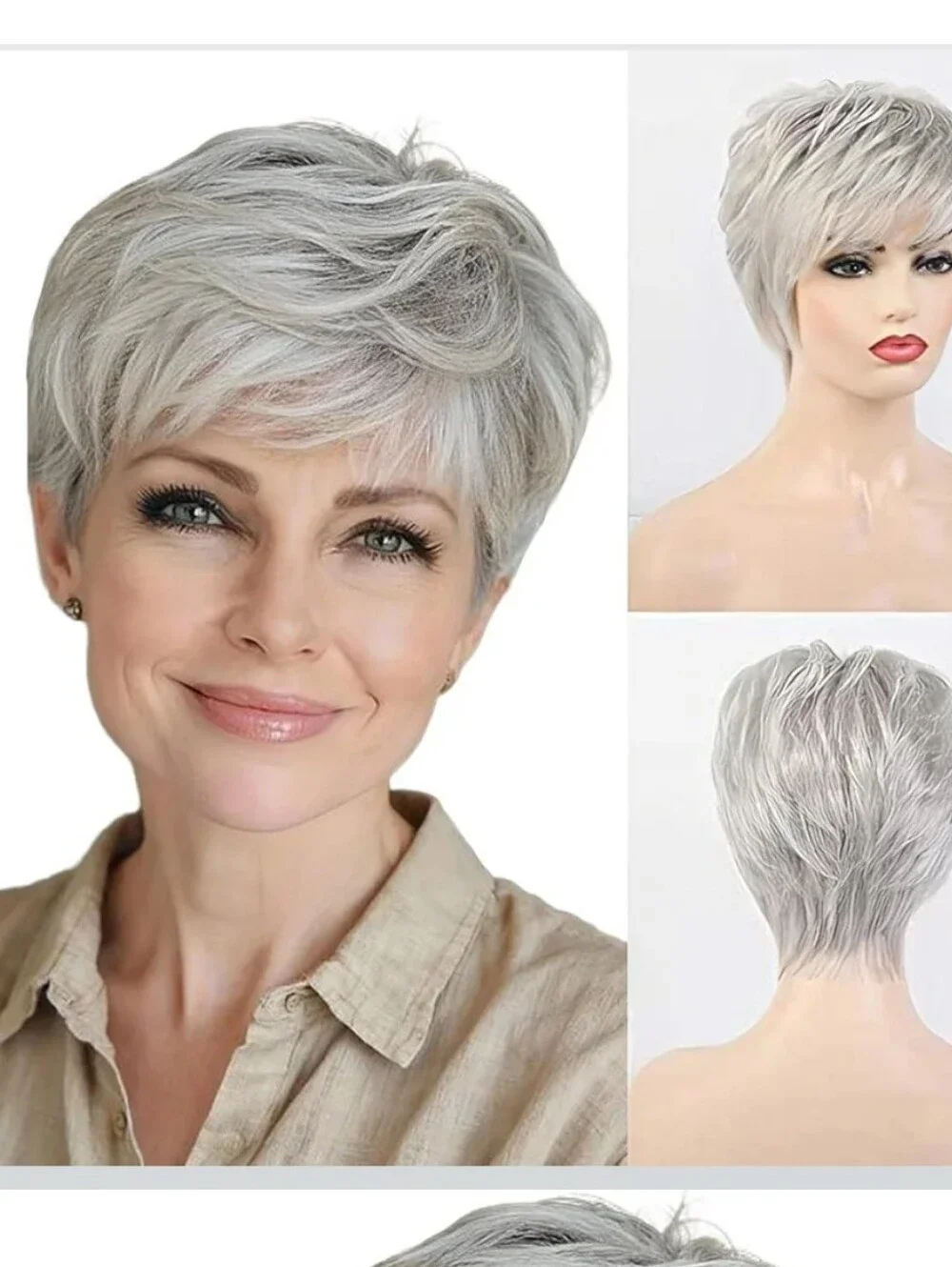 NWT Short Silver Grey Human Hair Wigs Blend with Healthy Memory Fiber Pixie Curl